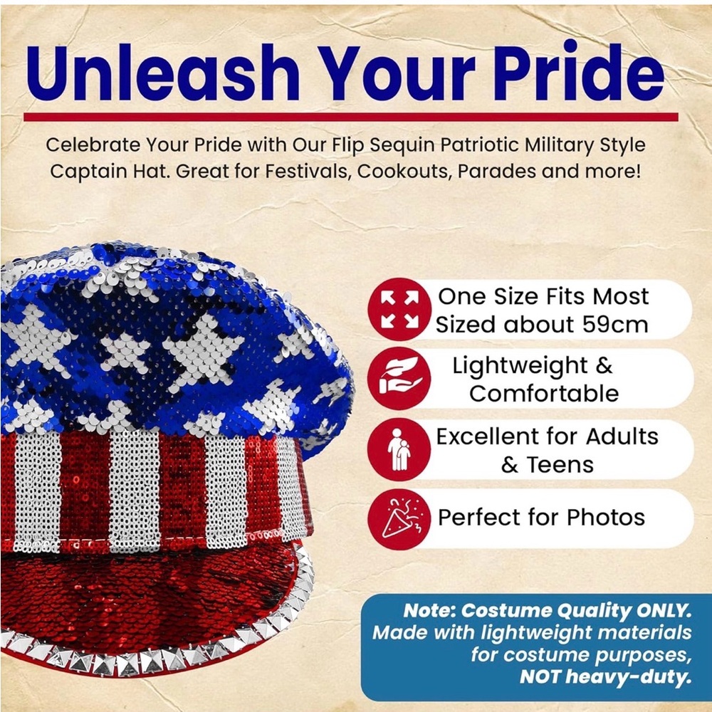 Iridescent Patriotic USA 4th of July American Flag Sequins Military Captain Hat - Picture 2 of 4